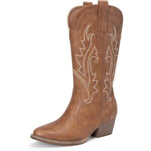 Women's Brown Western Embroidered Pointed Toe Low Heel Mid Calf Boot Low Heel